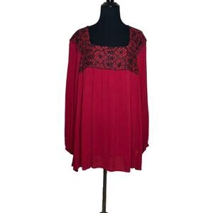 Susan Betro red black floral lace long sleeves tunic top size Large